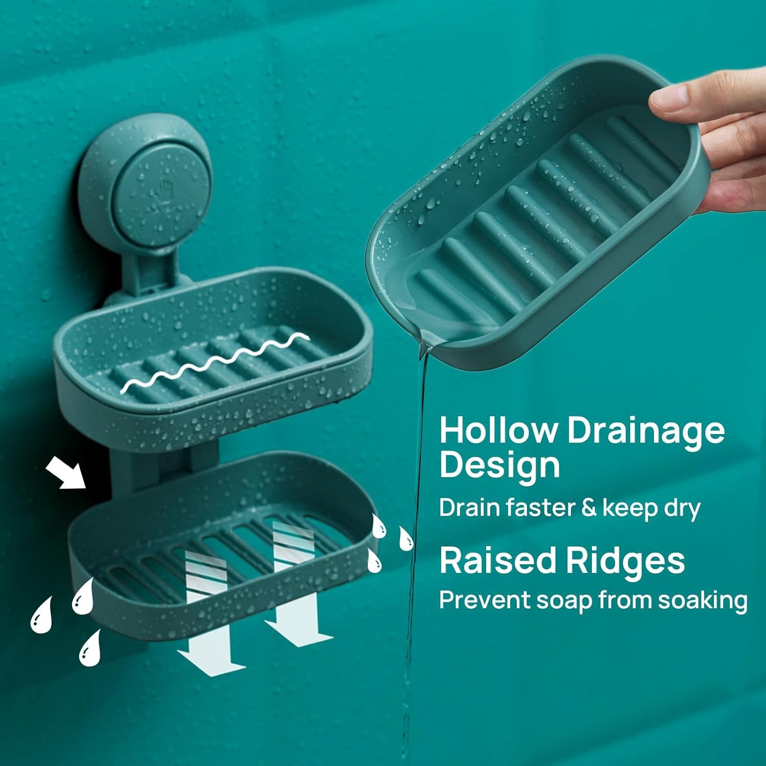 Soap Dish Holder for Shower Double Layer Suction Cup Wall Mounted Drill-Free Self-Draining Removable Strong Suction Sponge Bar Soap Holder for Bathroom Bathtub Kitchen Sink Plastic Green