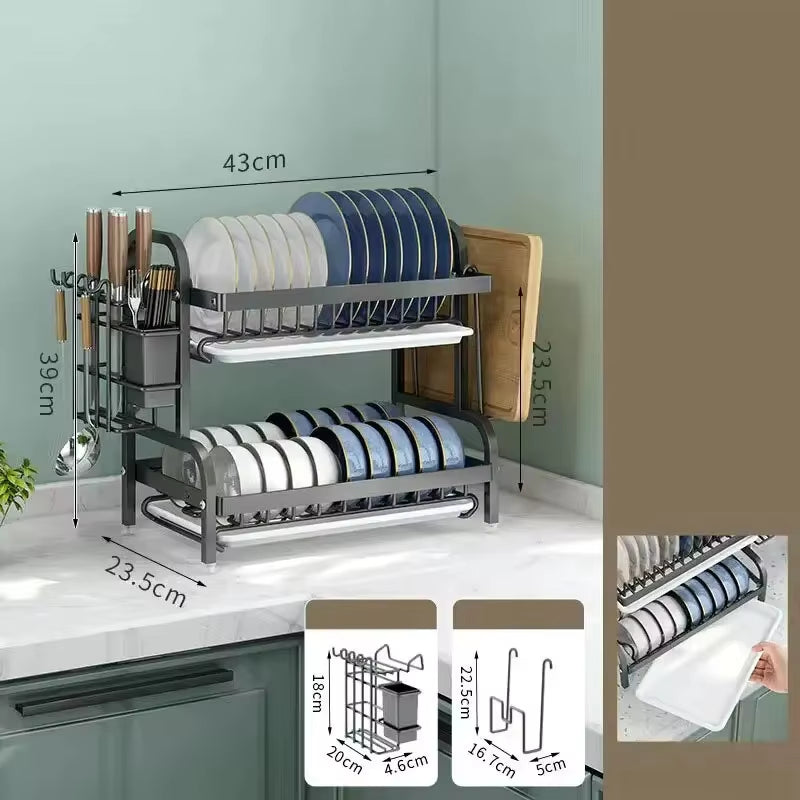 2024 NEW Dish Drying Rack 2-Tier Compact Kitchen Dish Rack Drainboard Set Large Rust-Proof Dish Drainer with Utensil Holder